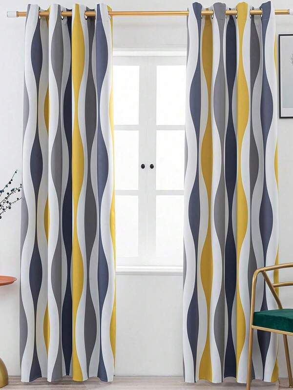 1pc Fashionable Minimalist Yellow-Gray Semi-Sheer Heat-Insulating Printed Curtain, Suitable For Holiday Parties, Living Room And Bedroom